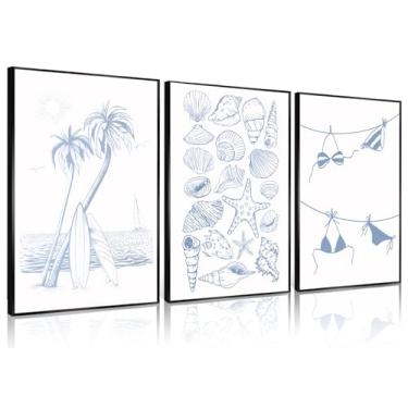 Imagem de Conjunto moderno de arte de parede costeira com 3 pôsteres de biquíni azul concha azul impressões neta costeira casa de praia estética decoração de parede fotos para quarto feminino dormitório
