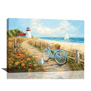 Imagem de Olivine Arte de parede costeira, decoração de parede de fotos de bicicleta de praia, pintura de farol, impressões em tela de paisagem marítima do oceano, arte emoldurada para sala de estar, quarto