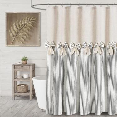 Imagem de XOGUIBO Cortina de chuveiro Farmhouse tecido de linho laço rústico ocidental, listrado preto plissado 183 cm L x 183 cm C