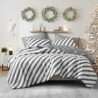 Imagem de Conjunto de edredom King listrado reversível em uma bolsa, 7 peças com design de listras de dois lados, conjunto de cama quente e aconchegante, inclui edredom king, conjunto de lençóis, fronhas e