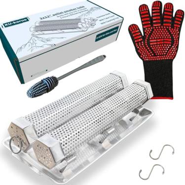 Imagem de KU-koruo Tubo de fumaça de grânulos de 30 cm para defumador de pellets com tampa de tubo de defumador e bandeja universal – Carne quente/fria para fumar, queijo, vegetais – Tubo de defumar de aço