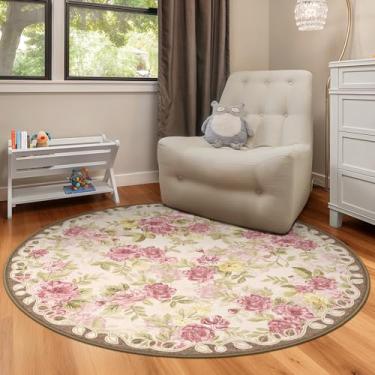 Imagem de GERUIMO Tapete redondo lavável de 1,2 m para sala de estar, floral boho vintage, grande, antiderrapante, tapete de lã sintética macia, adequado para crianças e animais de estimação para quarto, sala