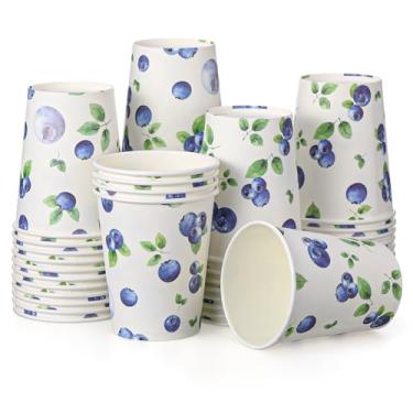 Imagem de Sunnychicc 50 peças de copos de papel de mirtilos de 255 g, copos de papel xadrez descartáveis de folhas de baga azul xadrez para chá de bebê, casamento, aniversário, decoração, festa, chá de bebê