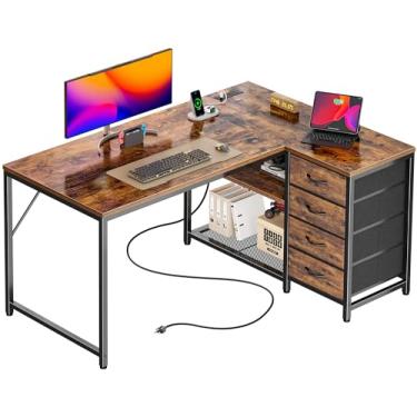 Imagem de PRAISUN Mesa de 110 cm em forma de L com tomadas elétricas e porta USB-C, mesa de escritório reversível para computador com 4 gavetas de tecido e 2 prateleiras ajustáveis em altura, pequena para