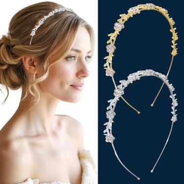 Imagem de STGDAK Faixa de cabeça de strass dourada para mulheres, faixa de cabeça de flor de cristal, faixa de cabelo com folha de flor de cristal, faixas de cabelo de diamante, tiara de prata, tiara de cabelo