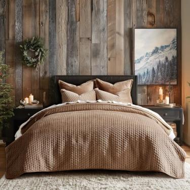 Imagem de EVERGRACE Conjunto de colcha de veludo de luxo, tamanho Queen, conjunto de edredom de veludo macio de ponto cruz com fronhas, colcha leve para todas as estações, marrom tabaco
