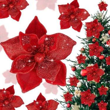 Imagem de Norme 15 peças, 3 tamanhos, flores de magnólia com glitter, flores artificiais de poinsétia com hastes, enfeites de árvore de Natal para guirlanda de árvore de Natal, casamento, ano novo, decoração de