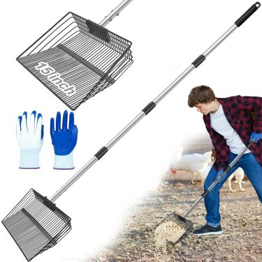 Imagem de Colher de cocô de galinha grande de 38 cm e ancinho para areia para aparas 188 cm Colher de galinheiro de cabo longo para ferramentas de limpeza Pá de peneiramento 5 em 1 para suprimentos de colher de