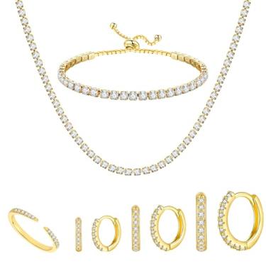 Imagem de NEWITIN Conjunto de 9 peças de joias de ouro para mulheres, moda, bijuterias, strass, cristal, gargantilha, colar, pulseira de tênis, anel de zircônia cúbica, conjunto de brincos de argola de diamante
