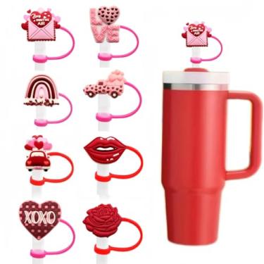 Imagem de 8 peças de topo de palha de dia dos namorados para Stanley Cup novo coração rosa vermelho tampa de cobertura de lábios 1,134 g/850,5 g, tampas de cobertura de palha de silicone 3D para canudos de 10