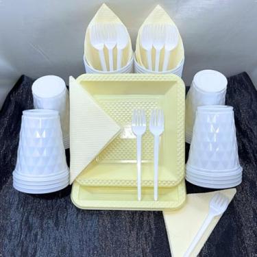 Imagem de Kit Festa Descartável 180 Itens Premium com Pratos Copos Talheres Cores Pastel para Aniversário (Branco Amarelo Candy)