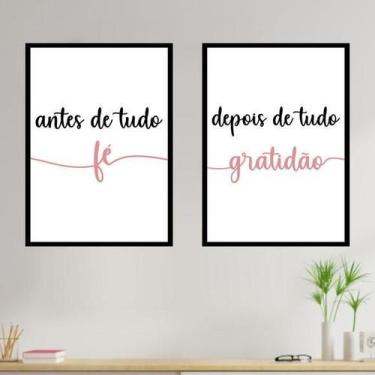 Imagem de Kit 2 Quadros Fé E Gratidão Rosa 45X34Cm Com Vidro Preta - Quadros On-