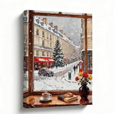 Imagem de Arte de parede de Natal de inverno, impressão em tela de janela de rua europeia de neve da janela do café, paisagem urbana estilo de Paris para cozinha, sala de estar, decoração de casa de férias