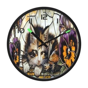 Imagem de SEHANY Pintura esmaltada de relógio de parede de gato, silencioso, sem tique-taque, relógio redondo operado por bateria, controle de som, luz noturna, relógios de parede para sala de estar, cozinha