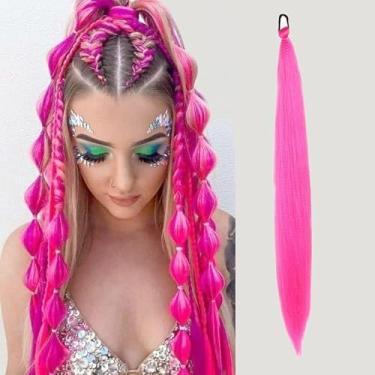 Imagem de Extensão de rabo de cavalo sintético de 60 cm com faixa elástica para cabelo faça você mesmo, acessórios de cabelo trançados longos e retos coloridos (rosa vermelha)