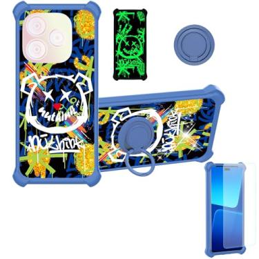 Imagem de Aroepurt Capa compatível com Blu G65L [com protetor de tela de vidro temperado][PC rígido + silicone macio][suporte para anel] [glitter dourado + luminoso] JSL-TYX
