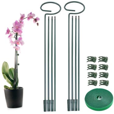 Imagem de Conjunto de 2 varetas de metal para plantas com suporte de haste ajustável de 121 cm, suporte de haste de amarílis, anéis de flores de jardim com 10 clipes de 48 polegadas para plantas internas ao ar