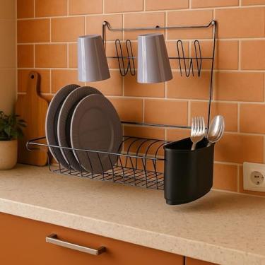 Imagem de Escorredor de Pratos Dobrável de Parede 12 Pratos 6 Copos com Porta Talher – Suporte Resistente para Cozinha