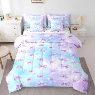Imagem de Erosebridal Jogo de cama solteiro com laço roxo e estampa de arco-íris para meninos e meninas, 7 peças, rosa, azul, arco-íris, conjunto de cama