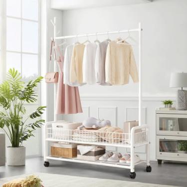 Imagem de Pleatopia Arara de roupas com prateleiras de armazenamento, suporte de roupas resistente com rodas para quarto, sala de estar, organização de lavanderia