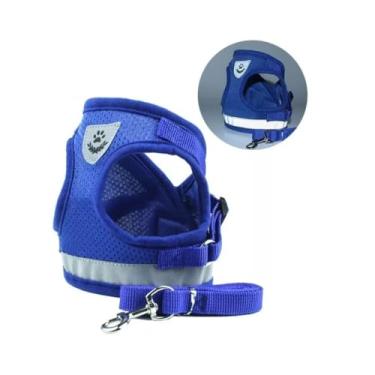 Imagem de Colete Peitoral Premium Reflexivo com Guia para Cães e Gatos, Material Respirável, Brilha no Escuro, Ajuste Seguro com Fivela e Mosquetão (AZUL, S)