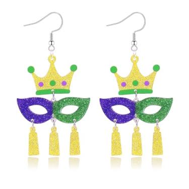 Imagem de Brincos pendentes de carnaval para mulheres com coroa de glitter colorido chapéu de bobo da corte máscara brincos de borla joias de carnaval para mulheres brincos de máscara de carnaval acessórios