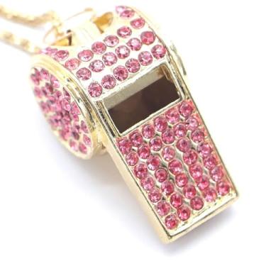 Imagem de UnisonPet Apito, apito de strass de cristal de metal, apito brilhante com corrente para treinador, capitão, árbitro, professor, basquete, presente de treinamento (rosa)