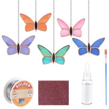 Imagem de LemonRoad Butterflies Kit inicial de pintura de vitral pré-cortado feito fácil DIY kit de artesanato de vitral com fio de solda, fluxo de gel, pincel de fluxo para lembrancinha de festa de aniversário