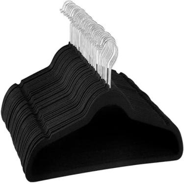 Imagem de Cabides pretos finos para roupas, veludo macio, pendurar, resistente,5 pecas,compacto, duravel