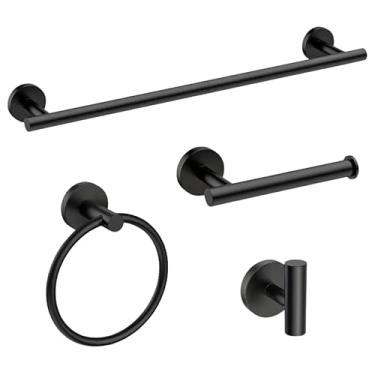 Imagem de HIRION - Kit Acessórios para Banheiro Inox 304 Preto Fosco 4 Peças - Acabamento Black Matte com Porta Toalha Papeleira e Gancho