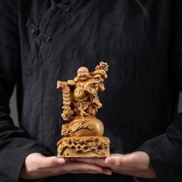 Imagem de FENNYYAR Bolsa de pano de cipreste natural Estátua de Buda Rindo de Maitreya, 15 cm 15 cm, Ornamento da sorte do Feng Shui para sala de casa e escritório