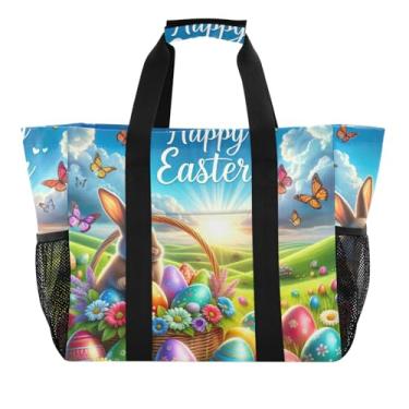 Imagem de ODAWA Bolsa de praia impermeável à prova de areia, coelho da Páscoa, ovos coloridos, para piscina e esportes, bolsa de mercearia durável com bolsos, Ovos coloridos de coelho de Páscoa, One Size