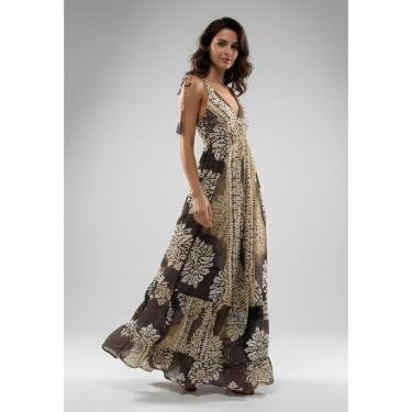 Imagem de Vestido Longo Indiano Marrom Feminino Estampado Confortável Elegante-Feminino