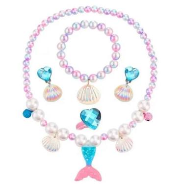 Imagem de Kit Bijuterias Acessórios Sereia Infantil com Colar Brincos Pulseira e