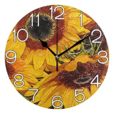 Imagem de GAIGEO Relógio de parede analógico decorativo escritório cozinha relógio divertido alimentado por bateria, sala de estar decoração de parede moderna, girassóis vintage floral, 25 cm, ponteiros pretos