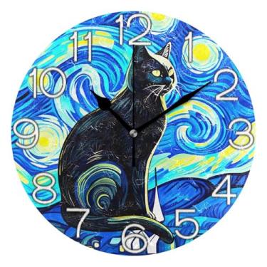 Imagem de GAIGEO Relógio de parede analógico decorativo relógio de cozinha bonito operado por bateria, decoração de parede de sala de estar moderna, gato preto céu noturno azul, 25 cm, ponteiros dourados
