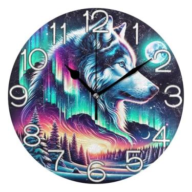 Imagem de GAIGEO Relógio de parede analógico decorativo relógio de cozinha rústico operado por bateria silencioso, retrô moderno art déco decoração de parede anime colorido floresta de lobo, 25 cm, ponteiros
