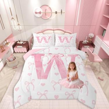 Imagem de Erosebridal Conjunto de edredom casal com laço rosa, princesa sonhadora, para quarto de crianças, meninas, mulheres, monograma fofo, edredom com laço e laço kawaii, 2 fronhas