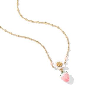 Imagem de BSL juicy Colar com pingente de morango rosa (morango único) - Lindo pingente de frutas e flores esmaltadas para mulheres e adolescentes, joia estética delicada banhada a ouro 18K