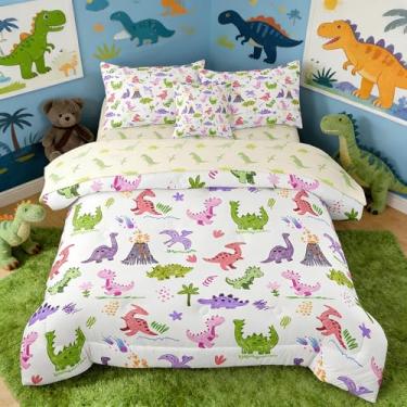 Imagem de Yadangxiawa Jogo de cama casal de dinossauro, 6 peças, para adolescentes, com 1 colcha + 1 lençol de cima + 1 lençol com elástico + 2 fronhas + 1 capa de almofada (casal C-dinossauro)