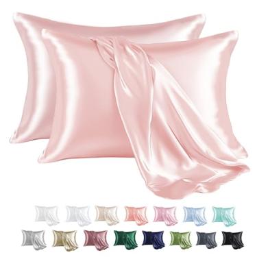 Imagem de MR&HM Fronha de cetim para cabelo e pele, fronha de cetim de seda, pacote com 2, fronhas king size, conjunto de 2, capa de almofada de seda com fecho de envelope (50 x 101 cm, rosa claro)