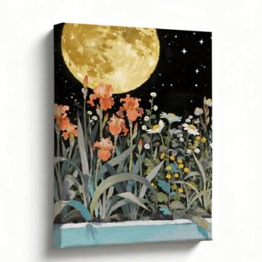 Imagem de Arte de parede de jardim noturno, lua grande sobre flores coloridas, pintura a óleo sobre tela, arte de paisagem botânica caprichosa para decoração de parede de sala de estar quarto, 20 x 25 cm