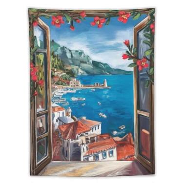 Imagem de Tapeçaria com vista de janela costeira cidade litorânea flores vermelhas flores barcos cênica paisagem mediterrânea arte decoração de parede para sala de estar quarto casa 152 x 203 tapeçaria