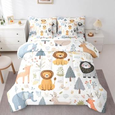 Imagem de Feelyou Conjunto de edredom solteiro fofo de animais da floresta com lençol para crianças, meninos, meninas, safári, animais selvagens, 7 peças, estampa de leão, tigre, cama em uma bolsa, macio