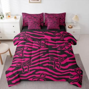 Imagem de jejeloiu Conjunto de edredom com laço e 7 peças, solteiro, listras de zebra, para crianças, meninos, meninas, pele de animal selvagem, fofo, decoração de quarto, rosa choque, microfibra leve e macia