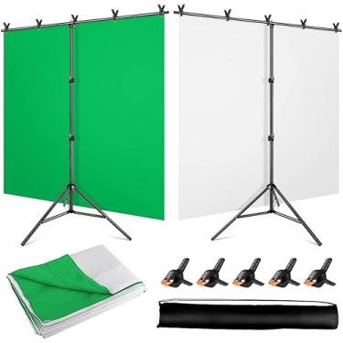Imagem de Kit de suporte de tela verde branca 2 em 1, fundo de tela verde de 1,5 x 2 m com suporte para transmissão, zoom, fotografia, vídeo com clipes e bolsa de transporte