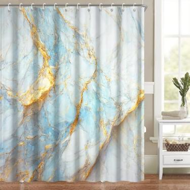 Imagem de Cortina de chuveiro de mármore azul e dourado para banheiro, moderna, luxuosa, mármore, decoração de banheiro, arte abstrata, textura de tinta, lavável na máquina, tecido de poliéster impermeável com