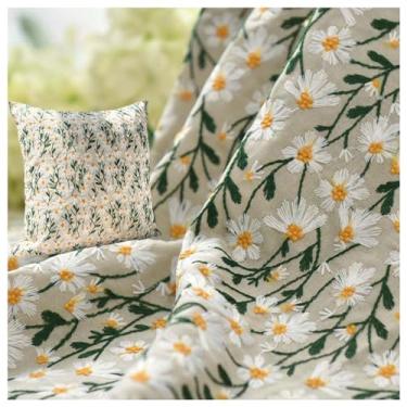 Imagem de Primst Tecido de linho de algodão bordado margarida 3D por jarda para costura DIY roupas vestido toalha de mesa almofada (bege, 120 cm x 100 cm)