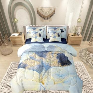 Imagem de Manfei Jogo de cama king com estampa de folha de ginkgo, 7 peças, mármore estético, para meninas e mulheres, cama moderna com folhas em uma bolsa com edredom, lençol de cima, fronhas