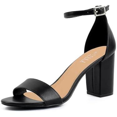 Imagem de MUSSHOE Sandálias femininas de salto grosso, bico aberto, fivela no tornozelo, com tiras, vestido de festa, sapatos escarpim 7,6 cm, Preto, 8 Wide